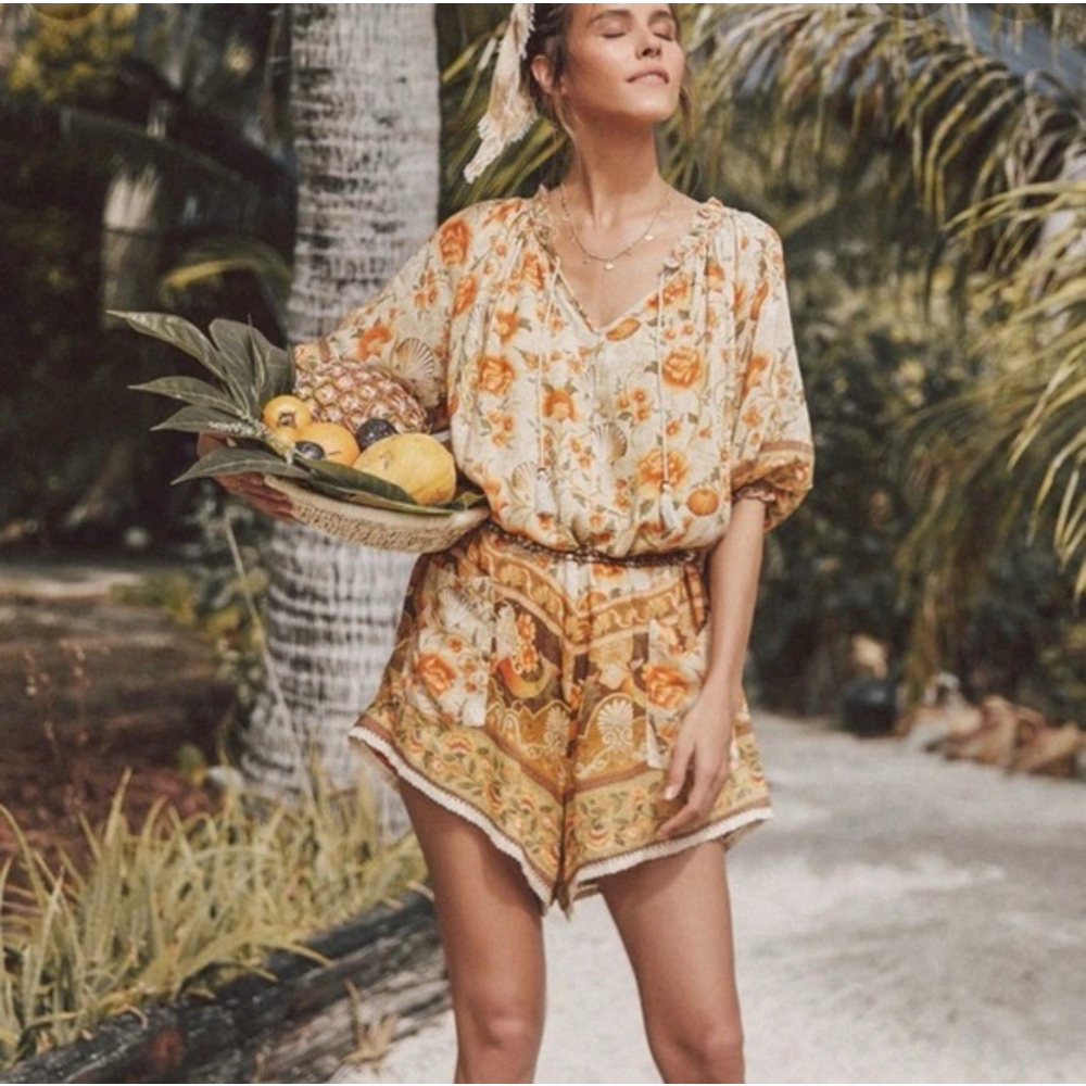 Spell & The Gypsy Siren Seashell Romper Playsuit Sand Medium EUC Belt Pockets